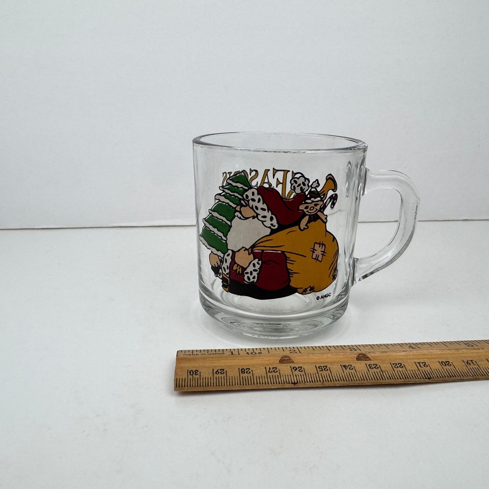 1 Vtg Seasons Greetings Small Clear Glass Mug w Handle Santa Christmas Holiday
